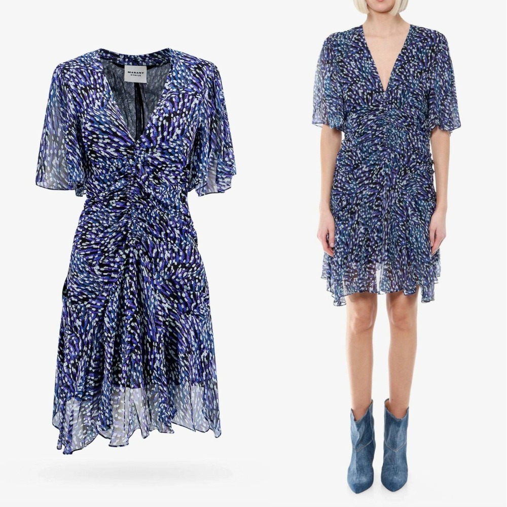 Isabel Marant Etoile Vivienne Women's Blue Purple Ruched V-Neck Mini Dress 42